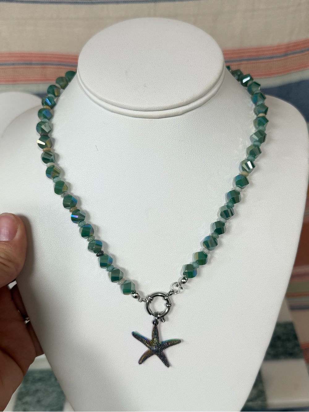 Handmade Green Faceted Bead Necklace with Starfish Pendant